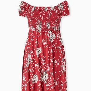 Red Floral Challis Smocked Mini Skater Dress